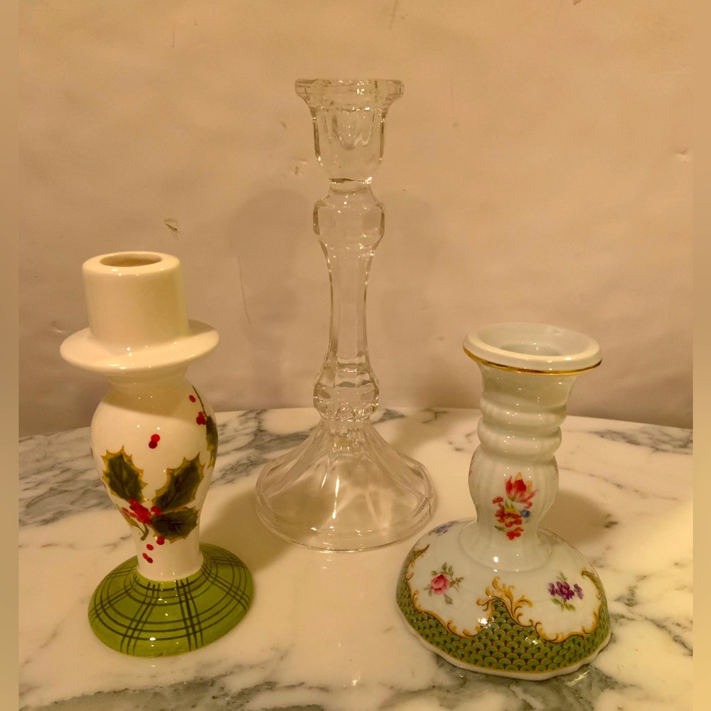Vintage Glass & Ceramic Candle Holder Set Of 3